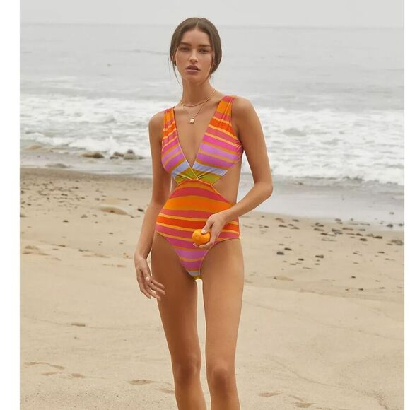 NWT Farm Rio V-Neck Cutout Shiny Stripe Rainbow One-Piece Swimsuit Small Pink - Picture 2 of 9